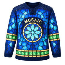 Load image into Gallery viewer, Stained Glass Mosaic Original Hockey Jersey in Sapphire Window, front view – glowing stained glass mosaic tiles with rose-window crest, custom name and number