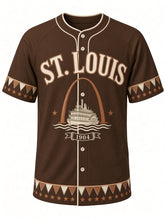 Load image into Gallery viewer, St. Louis Heritage Baseball Jersey in Brown, front view – dark chocolate brown body with cream wordmark and copper outline, arched ST. LOUIS wordmark, arch silhouette and riverboat emblem with a 1904 ribbon – custom name and number