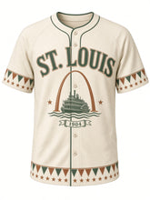 Load image into Gallery viewer, St. Louis Heritage Baseball Jersey in Cream, front view – cream flannel-look body with green wordmark and copper trim, arched ST. LOUIS wordmark, arch silhouette and riverboat emblem with a 1904 ribbon – custom name and number