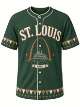 Load image into Gallery viewer, St. Louis Heritage Baseball Jersey in Riverboat Green, front view – riverboat green body with cream wordmark and copper outline, arched ST. LOUIS wordmark, arch silhouette and riverboat emblem with a 1904 ribbon – custom name and number