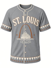 Load image into Gallery viewer, St. Louis Heritage Baseball Jersey in Slate Gray, front view – slate gray body with cream wordmark and copper outline, arched ST. LOUIS wordmark, arch silhouette and riverboat emblem with a 1904 ribbon – custom name and number