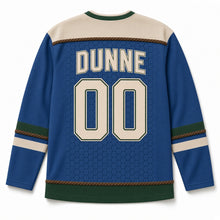 Load image into Gallery viewer, Aran Honeycomb Knit St. Patrick's Day Hockey Jersey in Aran Denim, back view with your name and number