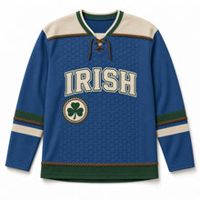 Load image into Gallery viewer, Aran Honeycomb Knit St. Patrick's Day Hockey Jersey in Aran Denim, front view – custom name and number
