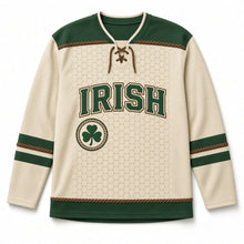 Load image into Gallery viewer, Aran Honeycomb Knit St. Patrick's Day Hockey Jersey in Aran Oatmeal, front view – custom name and number
