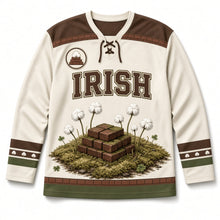Load image into Gallery viewer, Bog Cotton Turf Stack St. Patrick's Day Hockey Jersey in Bog Cotton Cream, front view – custom name and number