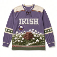 Load image into Gallery viewer, Bog Cotton Turf Stack St. Patrick's Day Hockey Jersey in Bog Heather Purple, front view – custom name and number