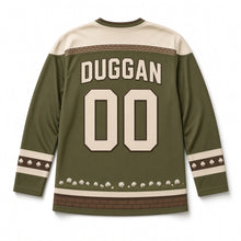 Load image into Gallery viewer, Bog Cotton Turf Stack St. Patrick's Day Hockey Jersey in Bog Olive Green, back view with your name and number