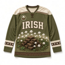 Load image into Gallery viewer, Bog Cotton Turf Stack St. Patrick's Day Hockey Jersey in Bog Olive Green, front view – custom name and number