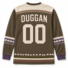 Load image into Gallery viewer, Bog Cotton Turf Stack St. Patrick's Day Hockey Jersey in Bog Peat Brown, back view with your name and number