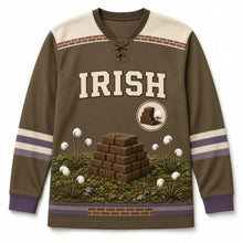 Load image into Gallery viewer, Bog Cotton Turf Stack St. Patrick's Day Hockey Jersey in Bog Peat Brown, front view – custom name and number