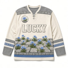 Load image into Gallery viewer, Burren Wildflowers St. Patrick's Day Hockey Jersey in Burren Cream, front view – custom name and number