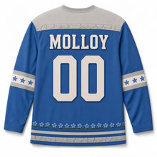 Load image into Gallery viewer, Burren Wildflowers St. Patrick's Day Hockey Jersey in Burren Gentian Blue, back view with your name and number