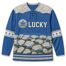 Load image into Gallery viewer, Burren Wildflowers St. Patrick's Day Hockey Jersey in Burren Gentian Blue, front view – custom name and number