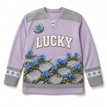 Load image into Gallery viewer, Burren Wildflowers St. Patrick's Day Hockey Jersey in Burren Heather Lilac, front view – custom name and number