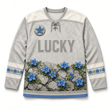 Load image into Gallery viewer, Burren Wildflowers St. Patrick's Day Hockey Jersey in Burren Limestone Grey, front view – custom name and number