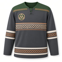 Load image into Gallery viewer, Celtic Knot Band St. Patrick's Day Hockey Jersey in Knot Charcoal, front view – custom name and number