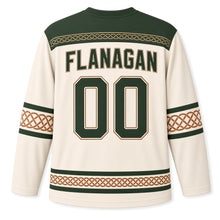 Load image into Gallery viewer, Celtic Knot Band St. Patrick's Day Hockey Jersey in Knot Cream, back view with your name and number