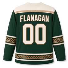 Load image into Gallery viewer, Celtic Knot Band St. Patrick's Day Hockey Jersey in Knot Moss Green, back view with your name and number