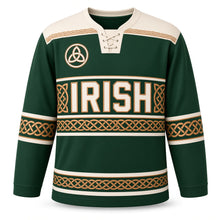 Load image into Gallery viewer, Celtic Knot Band St. Patrick's Day Hockey Jersey in Knot Moss Green, front view – custom name and number