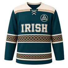 Load image into Gallery viewer, Celtic Knot Band St. Patrick's Day Hockey Jersey in Knot Teal, front view – custom name and number