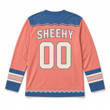 Load image into Gallery viewer, Celtic Knot Salmon St. Patrick's Day Hockey Jersey in Salmon Coral, back view with your name and number