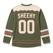 Load image into Gallery viewer, Celtic Knot Salmon St. Patrick's Day Hockey Jersey in Salmon Moss Green, back view with your name and number