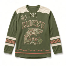 Load image into Gallery viewer, Celtic Knot Salmon St. Patrick's Day Hockey Jersey in Salmon Moss Green, front view – custom name and number
