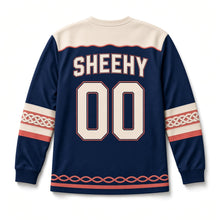 Load image into Gallery viewer, Celtic Knot Salmon St. Patrick's Day Hockey Jersey in Salmon River Blue, back view with your name and number