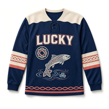 Load image into Gallery viewer, Celtic Knot Salmon St. Patrick's Day Hockey Jersey in Salmon River Blue, front view – custom name and number