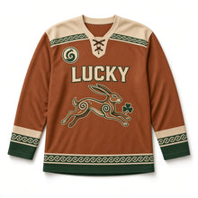 Load image into Gallery viewer, Celtic Spiral Hare St. Patrick's Day Hockey Jersey in Hare Copper, front view – custom name and number