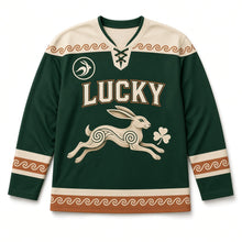 Load image into Gallery viewer, Celtic Spiral Hare St. Patrick's Day Hockey Jersey in Hare Fern Green, front view – custom name and number