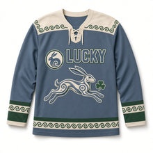 Load image into Gallery viewer, Celtic Spiral Hare St. Patrick's Day Hockey Jersey in Hare Slate Blue, front view – custom name and number