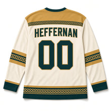 Load image into Gallery viewer, Celtic Sun Knot St. Patrick's Day Hockey Jersey in Sun Knot Cream, back view with your name and number