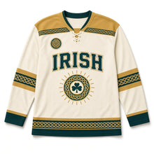 Load image into Gallery viewer, Celtic Sun Knot St. Patrick's Day Hockey Jersey in Sun Knot Cream, front view – custom name and number