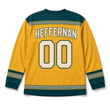 Load image into Gallery viewer, Celtic Sun Knot St. Patrick's Day Hockey Jersey in Sun Knot Gold, back view with your name and number