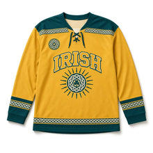 Load image into Gallery viewer, Celtic Sun Knot St. Patrick's Day Hockey Jersey in Sun Knot Gold, front view – custom name and number