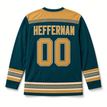 Load image into Gallery viewer, Celtic Sun Knot St. Patrick's Day Hockey Jersey in Sun Knot Teal, back view with your name and number