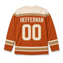Load image into Gallery viewer, Celtic Sun Knot St. Patrick's Day Hockey Jersey in Sun Knot Terracotta, back view with your name and number