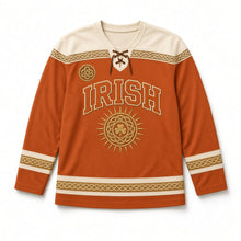 Load image into Gallery viewer, Celtic Sun Knot St. Patrick's Day Hockey Jersey in Sun Knot Terracotta, front view – custom name and number