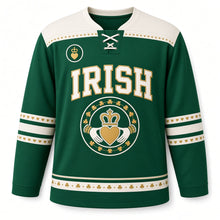 Load image into Gallery viewer, Claddagh Heart St. Patrick's Day Hockey Jersey in Claddagh Emerald, front view – custom name and number