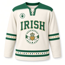 Load image into Gallery viewer, Claddagh Heart St. Patrick's Day Hockey Jersey in Claddagh Ivory, front view – custom name and number