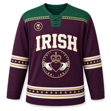 Load image into Gallery viewer, Claddagh Heart St. Patrick's Day Hockey Jersey in Claddagh Plum, front view – custom name and number