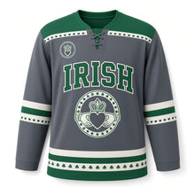 Load image into Gallery viewer, Claddagh Heart St. Patrick's Day Hockey Jersey in Claddagh Slate, front view – custom name and number