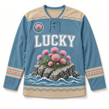 Load image into Gallery viewer, Cliff Wild Thrift St. Patrick's Day Hockey Jersey in Thrift Sea Blue, front view – custom name and number