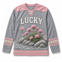 Load image into Gallery viewer, Cliff Wild Thrift St. Patrick's Day Hockey Jersey in Thrift Cliff Grey, front view – custom name and number