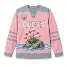 Load image into Gallery viewer, Cliff Wild Thrift St. Patrick's Day Hockey Jersey in Thrift Sea Pink, front view – custom name and number