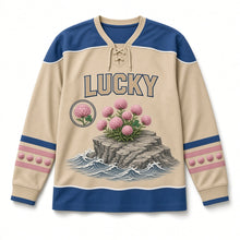 Load image into Gallery viewer, Cliff Wild Thrift St. Patrick's Day Hockey Jersey in Thrift Sand, front view – custom name and number