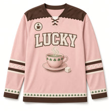 Load image into Gallery viewer, Clover Teacup St. Patrick's Day Hockey Jersey in Teacup Blush Pink, front view – custom name and number