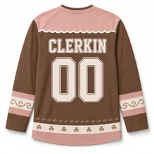 Load image into Gallery viewer, Clover Teacup St. Patrick's Day Hockey Jersey in Teacup Cocoa, back view with your name and number