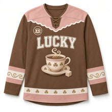 Load image into Gallery viewer, Clover Teacup St. Patrick's Day Hockey Jersey in Teacup Cocoa, front view – custom name and number